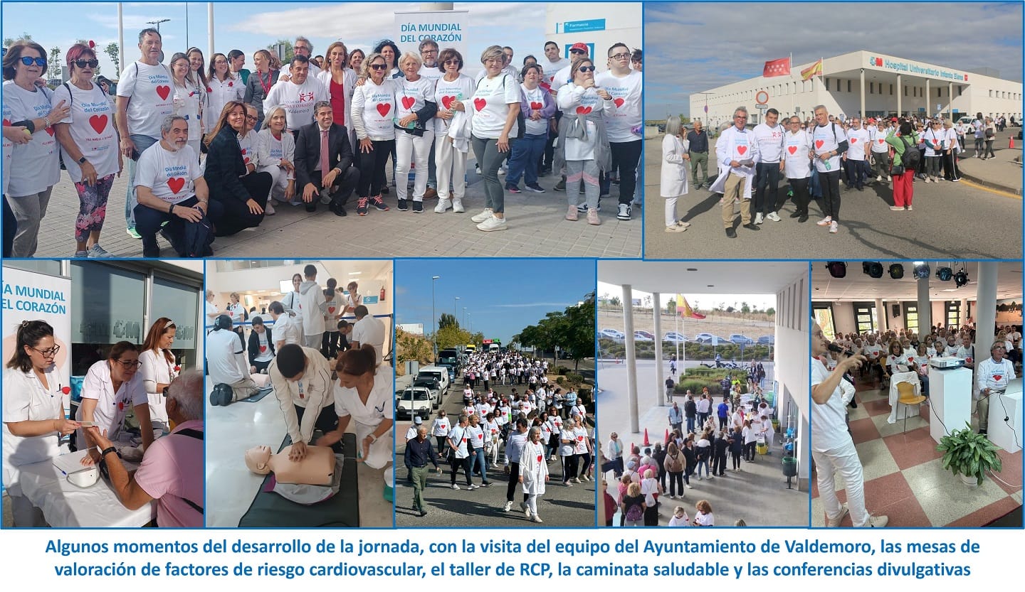 Algunos momentos del desarrollo de la jornada en HUIE, con la visita del Ayuntamiento de Valdemoro, las mesas de valoración de factores de riesgo cardiovascular, el taller de RCP, la caminata